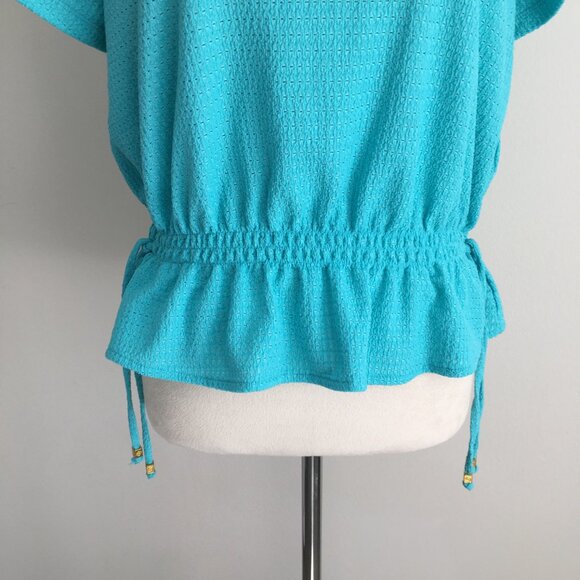 MICHAEL KORS Turquoise Blue Textured Gold Logo Hardware Drawstring Waist Shirt - Picture 7 of 11